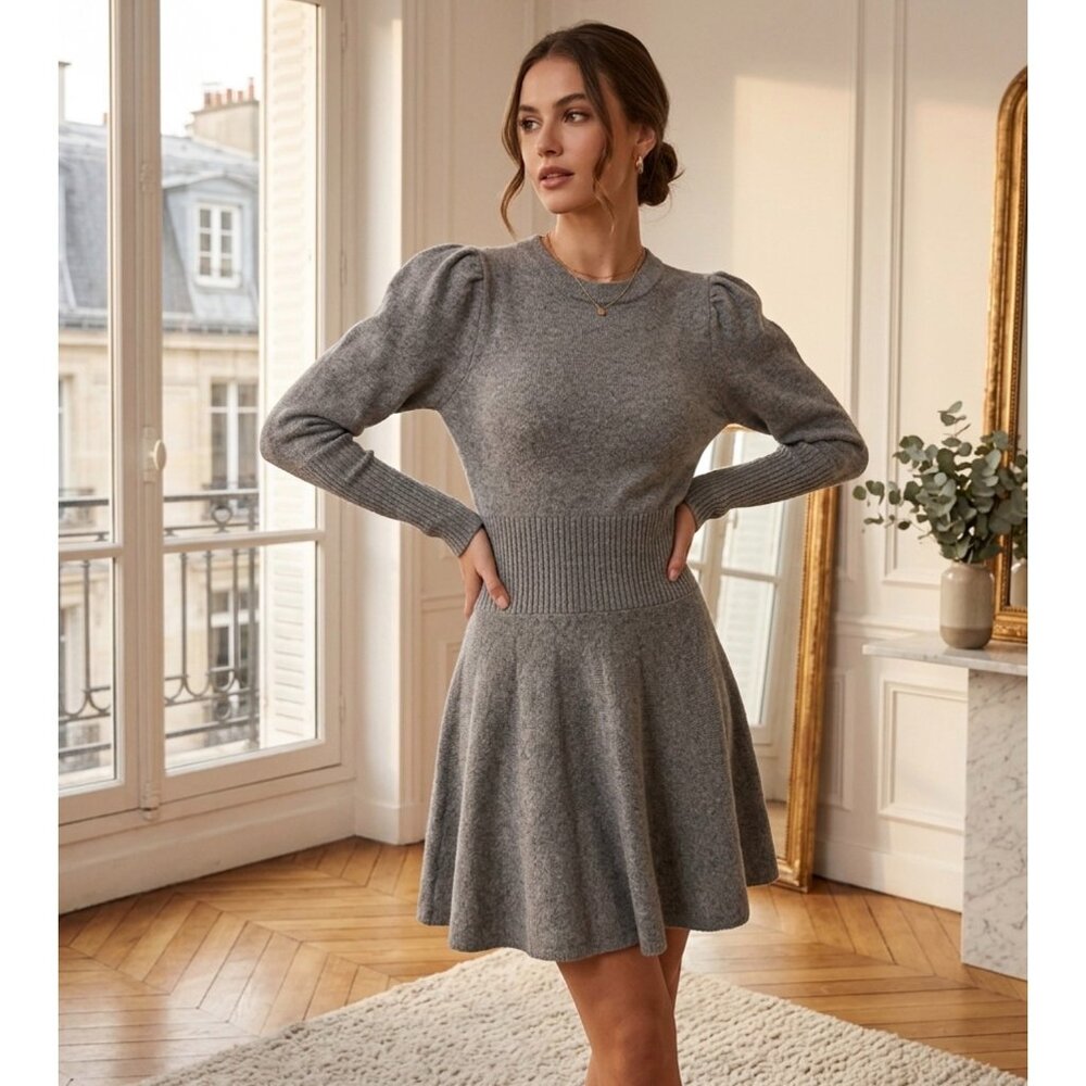 Express Grey Knit Long-Sleeve Sweater size LDress With Ribbed Waist & A-Line Ski